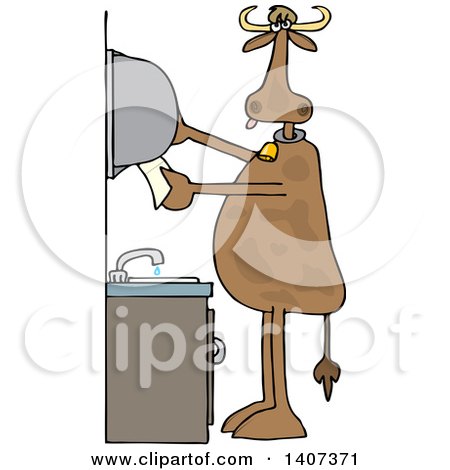 Clipart of a Cartoon Cow Grabbing Paper Towels After Washing His Hands - Royalty Free Vector Illustration by djart