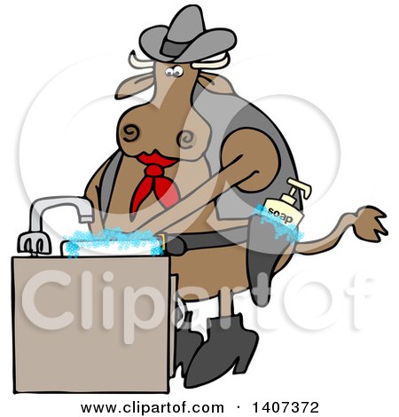 Clipart of a Cartoon Cowboy Cow Washing His Hands in a Sudsy Sink, with Soap in His Gun Holster - Royalty Free Vector Illustration by djart