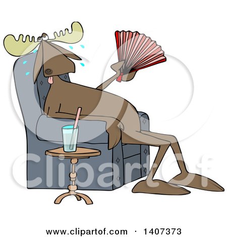 Clipart of a Cartoon Hot Sweaty Moose Sitting in a Chair and Fanning Himself by a Cup of Water - Royalty Free Vector Illustration by djart