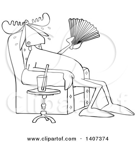 Clipart of a Cartoon Black and White Lineart Hot Sweaty Moose Sitting in a Chair and Fanning Himself by a Cup of Water - Royalty Free Vector Illustration by djart
