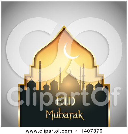 Clipart of an Eid Mubarak Background with a Silhouetted Mosque and Text - Royalty Free Vector Illustration by KJ Pargeter