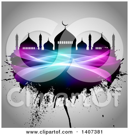 Clipart of an Eid Mubarak Background with a Silhouetted Mosque and Grunge - Royalty Free Vector Illustration by KJ Pargeter