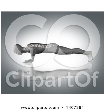 Clipart of a 3d Anatomical Man in a Push up Position, with Visible Spine, on Gray - Royalty Free Illustration by KJ Pargeter