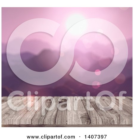 Clipart of a Blurred Purple Sunset over Mountains with a 3d Wood Table in Focus - Royalty Free Illustration by KJ Pargeter
