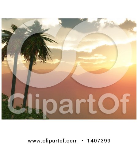 Clipart of a 3d Landscape of Plam Trees and Hills at Sunset - Royalty Free Illustration by KJ Pargeter