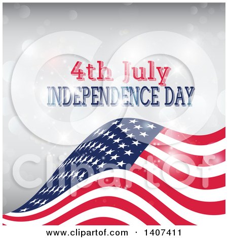 Clipart of a Waving American Flag with 4th July Independence Day Text on Flares - Royalty Free Vector Illustration by KJ Pargeter