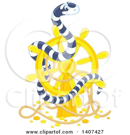 Clipart of a Black and White Striped Sea Snake on a Sunken Ship Helm - Royalty Free Vector Illustration by Alex Bannykh