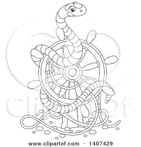 Clipart of a Black and White Lineart Striped Sea Snake on a Sunken Ship Helm - Royalty Free Vector Illustration by Alex Bannykh