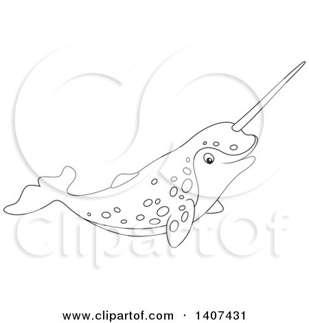 Clipart of a Black and White Lineart Happy Narwhal Swimming - Royalty Free Vector Illustration by Alex Bannykh