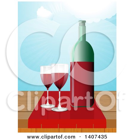 Clipart of a Bottle and Glasses of Red Wine on a Wood Table Against Sky with Sun Rays - Royalty Free Vector Illustration by elaineitalia