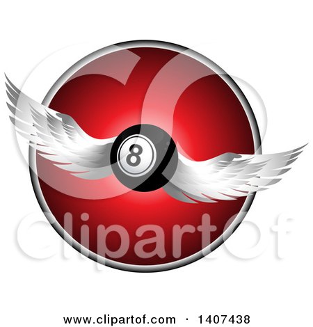 Clipart of a 3d Winged Eight Ball Flying over a Red and Chrome Circle - Royalty Free Vector Illustration by elaineitalia