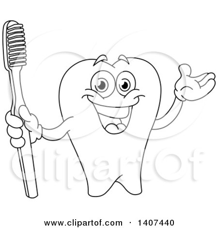 Clipart of a Black and White Lineart Tooth Character Presenting and Holding a Toothbrush - Royalty Free Vector Illustration by yayayoyo