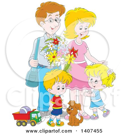 Clipart of a Happy Caucasian Family of Four with a Puppy and Toys - Royalty Free Vector Illustration by Alex Bannykh