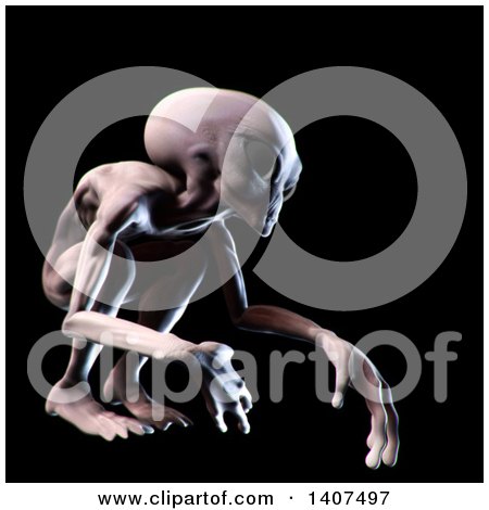 Clipart of a 3d Crouching Alien, on a Black Background - Royalty Free Illustration by Leo Blanchette