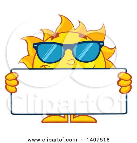 Clipart of a Yellow Summer Time Sun Character Mascot Wearing Shades and Holding a Blank Sign - Royalty Free Vector Illustration by Hit Toon