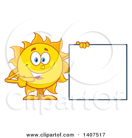 Clipart of a Yellow Summer Time Sun Character Mascot Pointing to a Blank Sign - Royalty Free Vector Illustration by Hit Toon