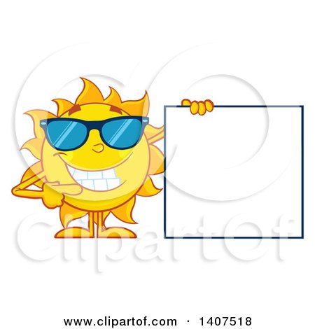 Clipart of a Yellow Summer Time Sun Character Mascot Wearing Shades and Pointing to a Blank Sign - Royalty Free Vector Illustration by Hit Toon