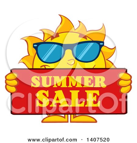 Clipart of a Yellow Sun Character Mascot Holding a Summer Sale Sign - Royalty Free Vector Illustration by Hit Toon