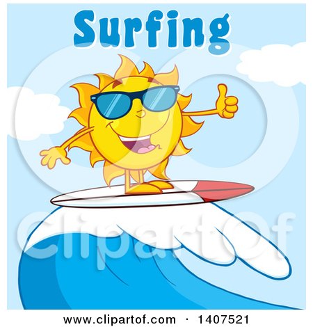 Clipart of a Yellow Summer Time Sun Character Mascot Wearing Shades, Giving a Thumb up and Surfing Under Text - Royalty Free Vector Illustration by Hit Toon