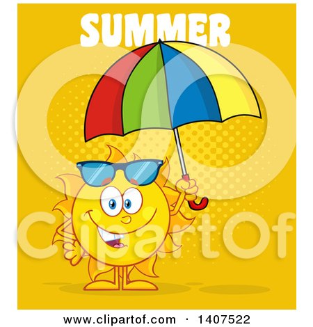 Clipart of a Yellow Summer Time Sun Character Mascot Holding an Umbrella on Yellow - Royalty Free Vector Illustration by Hit Toon