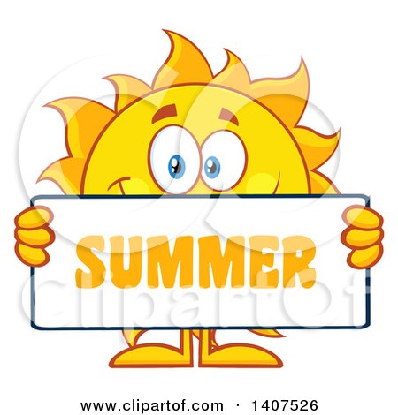 Clipart of a Yellow Sun Character Mascot Holding a Summer Sign - Royalty Free Vector Illustration by Hit Toon