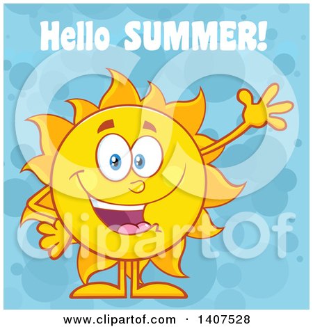 Clipart of a Yellow Summer Time Sun Character Mascot Waving, with Hellow Summer Text on a Blue Bubble Background - Royalty Free Vector Illustration by Hit Toon