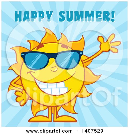 Clipart of a Yellow Summer Time Sun Character Mascot Wearing Sunglasses and Waving with Happy Summer Text on a Blue Ray Background - Royalty Free Vector Illustration by Hit Toon