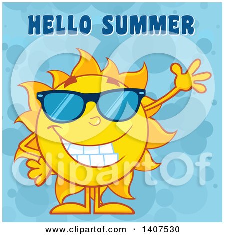 Clipart of a Yellow Summer Time Sun Character Mascot Waving Under Hello Summer Text on a Blue Bubble Background - Royalty Free Vector Illustration by Hit Toon