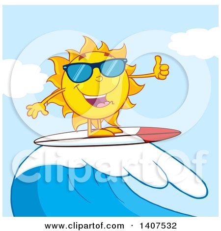 Clipart of a Yellow Summer Time Sun Character Mascot Wearing Shades, Giving a Thumb up and Surfing - Royalty Free Vector Illustration by Hit Toon