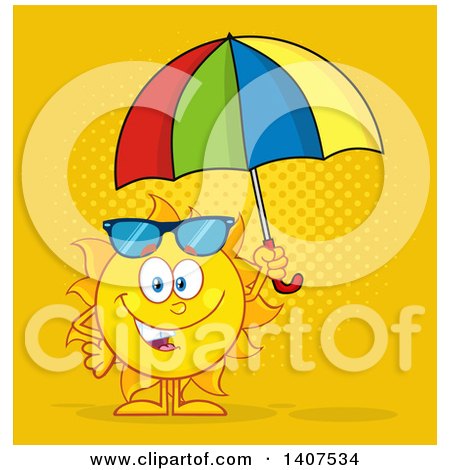 Clipart of a Yellow Summer Time Sun Character Mascot Holding an Umbrella on Yellow - Royalty Free Vector Illustration by Hit Toon