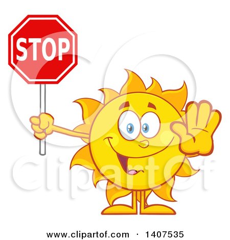Clipart of a Yellow Summer Time Sun Character Mascot Gesturing and Holding a Stop Sign - Royalty Free Vector Illustration by Hit Toon