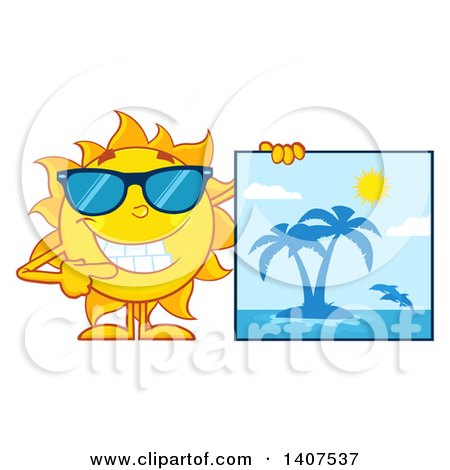 Clipart of a Yellow Summer Time Sun Character Mascot Pointing to a Tropical Island Sign - Royalty Free Vector Illustration by Hit Toon