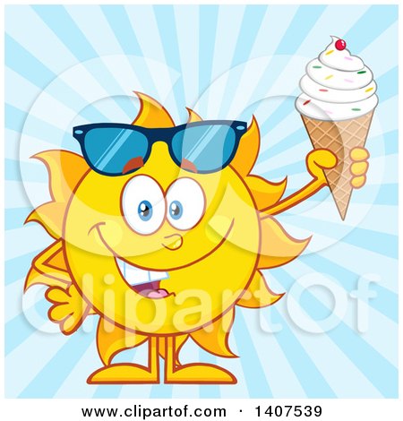 Clipart of a Yellow Summer Time Sun Character Mascot Holding a Waffle Ice Cream Cone over Blue Rays - Royalty Free Vector Illustration by Hit Toon