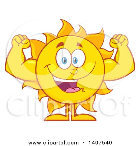Clipart of a Yellow Summer Time Sun Character Mascot Flexing His Muscles - Royalty Free Vector Illustration by Hit Toon