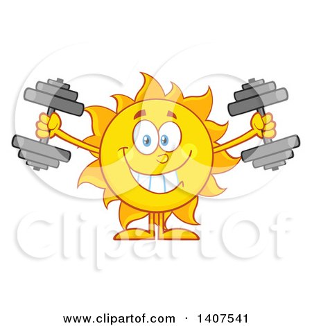 Clipart of a Yellow Summer Time Sun Character Mascot Working out with Dumbbells - Royalty Free Vector Illustration by Hit Toon