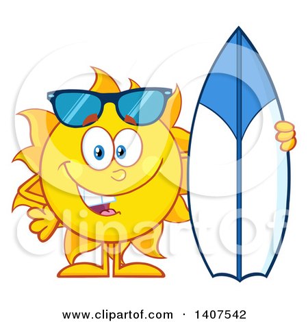 Clipart of a Yellow Summer Time Sun Character Mascot Standing with a Surfboard - Royalty Free Vector Illustration by Hit Toon