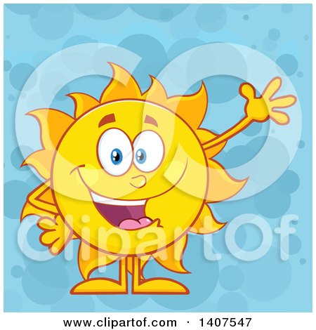Clipart of a Yellow Summer Time Sun Character Mascot Waving on a Blue Bubble Background - Royalty Free Vector Illustration by Hit Toon