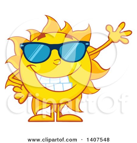 Clipart of a Yellow Summer Time Sun Character Mascot Wearing Sunglasses and Waving - Royalty Free Vector Illustration by Hit Toon