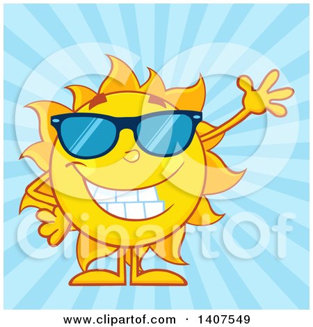 Clipart of a Yellow Summer Time Sun Character Mascot Wearing Sunglasses and Waving on a Blue Ray Background - Royalty Free Vector Illustration by Hit Toon