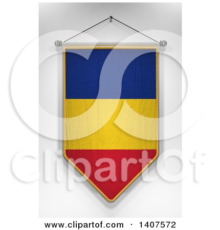 Clipart of a 3d Hanging Romanian Flag Pennant, on a Shaded Background - Royalty Free Illustration by stockillustrations