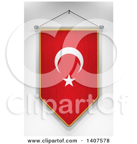 Clipart of a 3d Hanging Turkish Flag Pennant, on a Shaded Background - Royalty Free Illustration by stockillustrations