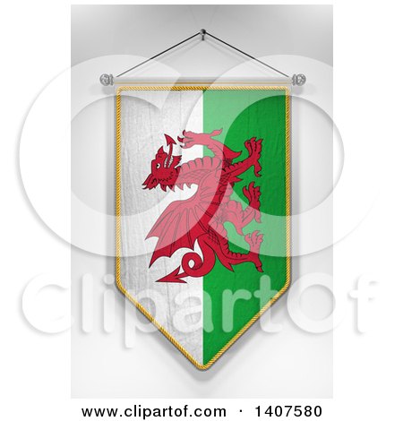 Clipart of a 3d Hanging Welsh Flag Pennant, on a Shaded Background - Royalty Free Illustration by stockillustrations