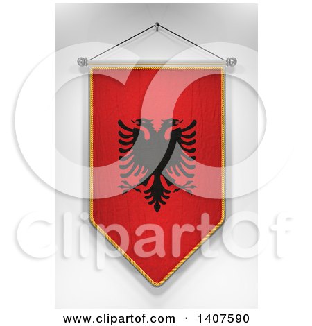 Clipart of a 3d Hanging Albanian Flag Pennant, on a Shaded Background - Royalty Free Illustration by stockillustrations