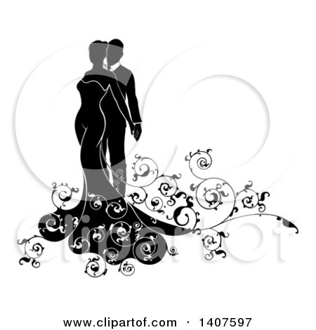 Clipart of a Black and White Silhouetted Posing Bride and Groom with Swirls - Royalty Free Vector Illustration by AtStockIllustration