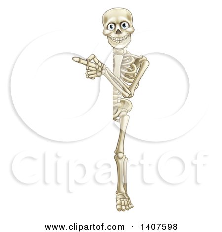 Clipart of a Cartoon Full Length Human Skeleton Pointing Around a Sign - Royalty Free Vector Illustration by AtStockIllustration