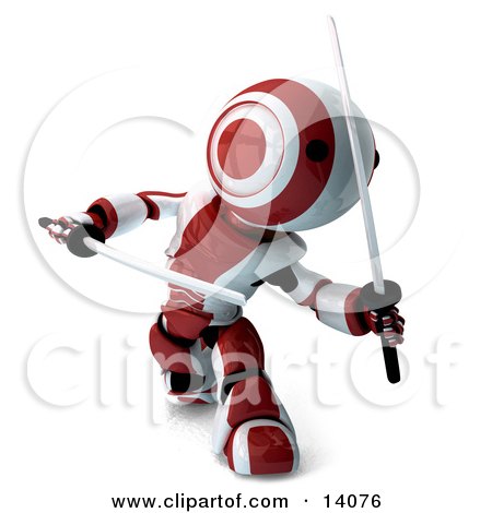 Red and White Ninja Robot Fighting With Katanas Clipart Illustration by Leo Blanchette