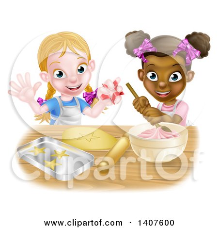 Clipart of Cartoon Happy White and Black Girls Making Pink Frosting and Star Shaped Cookies - Royalty Free Vector Illustration by AtStockIllustration