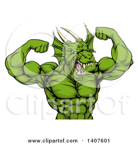 Clipart of a Cartoon Roaring Green Muscular Dragon Man Flexing, from the Waist up - Royalty Free Vector Illustration by AtStockIllustration