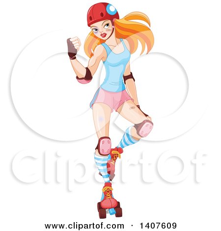 Clipart of a Tough Red Haired Caucasian Roller Derby Woman Flexing Her Biceps - Royalty Free Vector Illustration by Pushkin