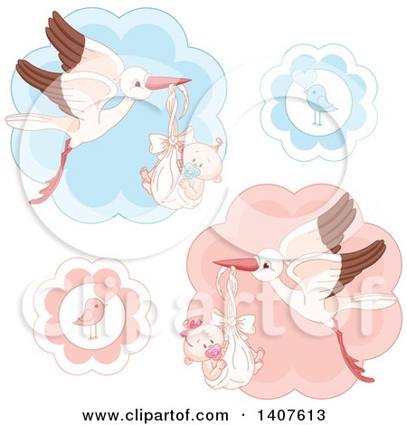 Clipart of Cute Storks Flying Babies, Birds Announcing Genders - Royalty Free Vector Illustration by Pushkin